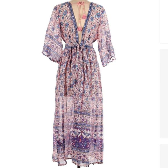 Geraldine Blue Midi Dress 100% Cotton Flutter Bell Sleeve Handmade Gypsy Dress M - Picture 3 of 9